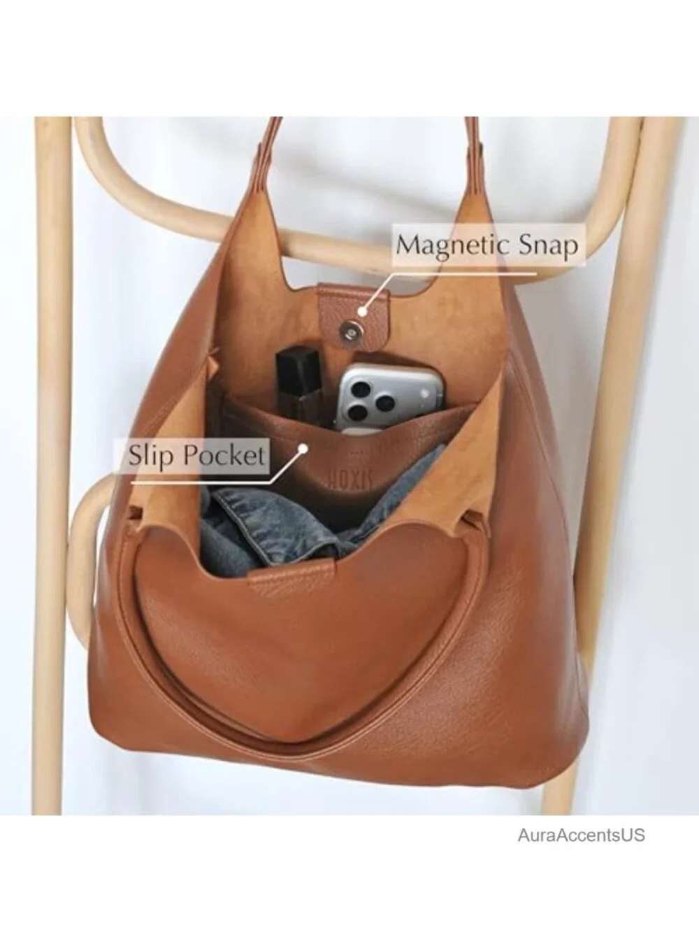 Vegan Leather Hobo Tote Bag Women Magnetic Snap Shoulder Purse